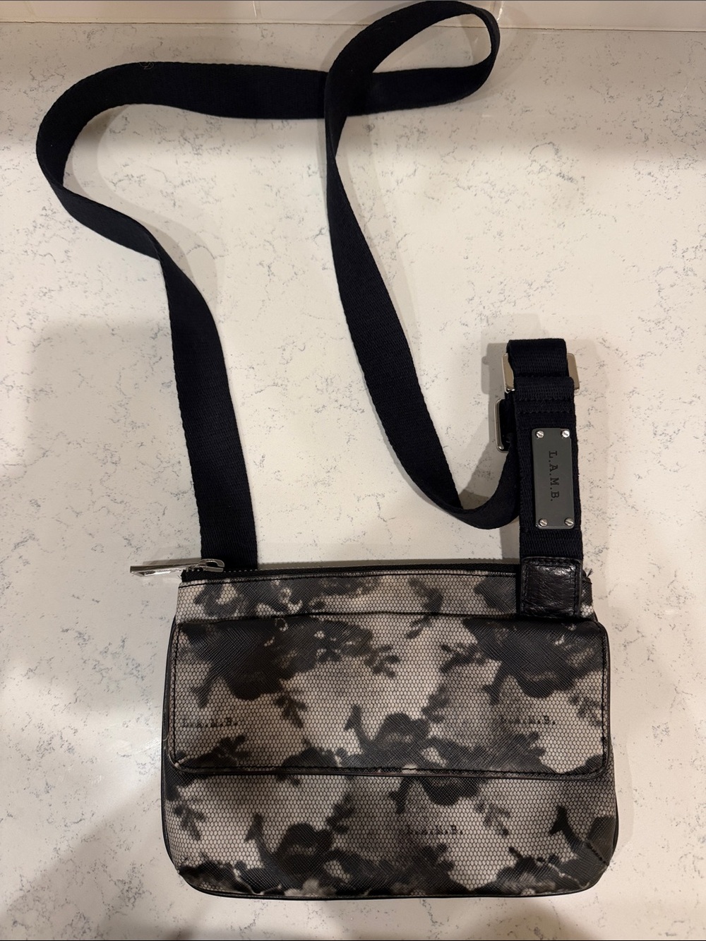 Y2K L.A.M.B Gwen Stefani Black and Gray Floral Messenger Crossbody Leather Purse